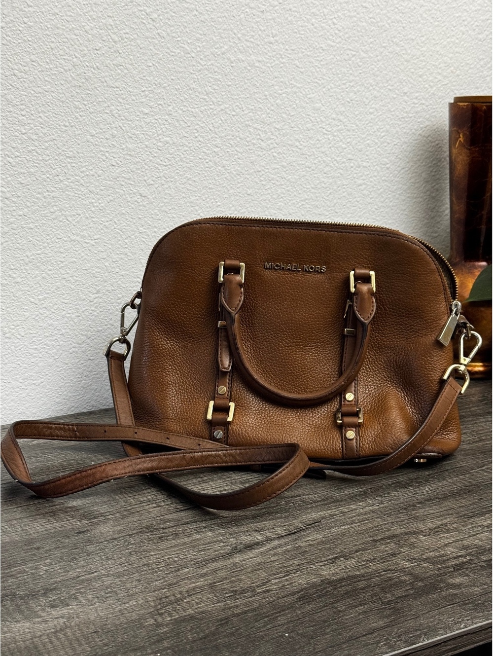 Michael Kors Bedford Belted Brown Pebbled Leather Satchel Crossbody